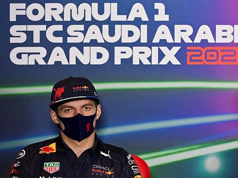 Red Bull's Dutch driver Max Verstappen attends the presser ahead of the 2022 Saudi Arabia Formula One Grand Prix at the Jeddah Corniche Circuit.