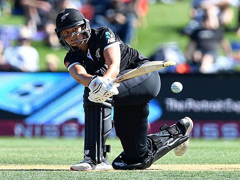 New Zealand's Suzie Bates sweeps during his match-winning effort of 126 against Pakistan on Saturday.