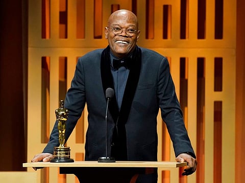 Samuel L Jackson accepts an honorary award at the Governors Awards on Friday, March 25, 2022, at the Dolby Ballroom in Los Angeles.