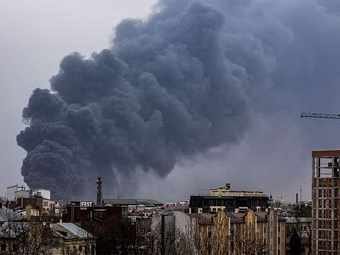 Smoke rises after an airstrike, as Russia's attack on Ukraine continues, in Lviv, Ukraine March 26, 2022
