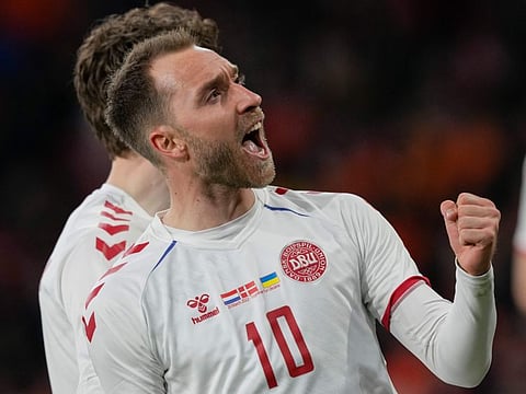 Denmark's Christian Eriksen celebrates scoring his side's second goal during the international friendly against the Netherlands at the Johan Cruyff ArenA in Amsterdam, Netherlands.