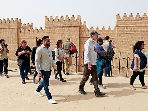 Foreign tourists visit the ancient city of Babylon, some 100 km south of the Iraqi capital Baghdad.