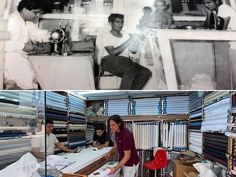 Manoj Kumar Jethwa dropped out of school at the age of 13 to run his father's tailoring business (top) following his death in Dubai in 1982.