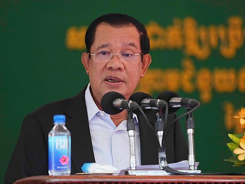 Cambodian Prime Minister Hun Sen delivers a speech at the launching ceremony of the Cambodia-China Friendship Preah Kossamak Hospital in Phnom Penh, Cambodia, Monday, March 21, 2022.