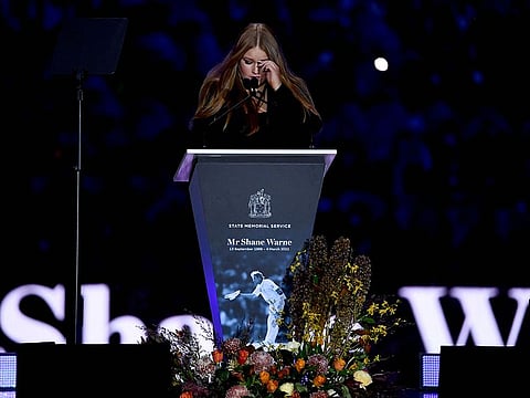 Shane Warne's daughter, Summer Warne, speaks during the state memorial service for Australian legend Shane Warne at Melbourne Cricket Ground on Wednesday.