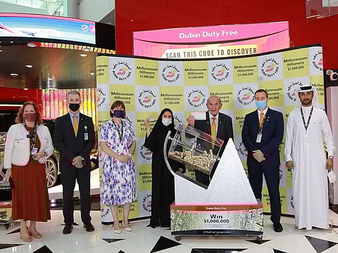 Dubai Duty Free team at the draw on Wednesday at Dubai International Airport