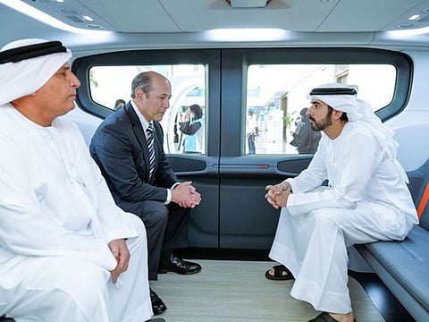 Sheikh Hamdan visits the display of a model of the Origin autonomous vehicle manufactured by Cruise Inc, United States, on the sidelines of the World Government Summit 2022 at Expo 2020 Dubai.