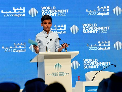 World Youngest Programmer title holder Kautilya Katariya speaking on the second day of World Government Summit 2022 in Dubai.