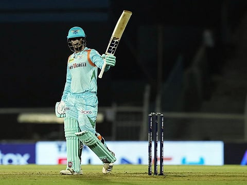 Lucknow Super Giants Quinton de Kock celebrates his half century during the IPL 2022 match against Chennai Super Kings at Brabourne Stadium in Mumbai.