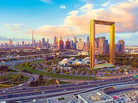 Dubai Frame with the cityscape in the background. The emirate has taken various measures to drive growth in its start-up ecosystem and draw foreign investments