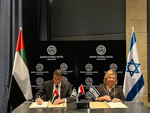 Dr. Thani Al Zeyoudi, UAE Minister of State for Foreign Trade and Orna Barbivai Minister of Economy and Industry of Israel, finalise UAE-Israel free trade deal.