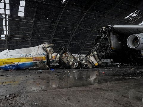 An Antonov An-225 Mriya cargo plane, the world's biggest aircraft, destroyed by Russian troops.