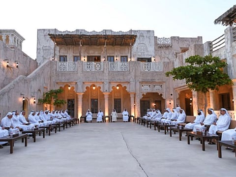 His Highness Sheikh Mohammed bin Rashid Al Maktoum with Sheikh Hamdan bin Mohammed bin Rashid Al Maktoum and Sheikh Maktoum bin Mohammed bin Rashid Al Maktoum and others at the Shindagha majlis on Sunday