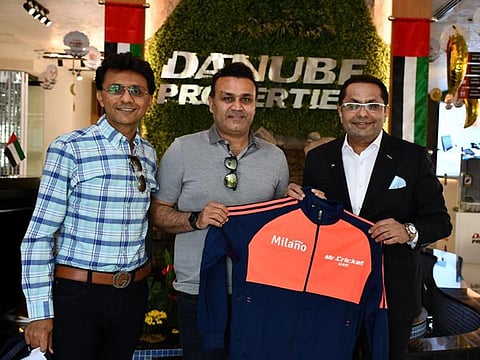 Mr. Cricket UAE Anis Sajan, Vice Chairman of Danube Group, former Indian cricketer Virendra Sehwag and Rizwan Sajan, Founder & Chairman of Danube Group.