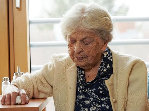 Holocaust survivor Raisa Valiushkevych, 98, who has recently escaped Russian bombing of her hometown Kyiv, in Frankfurt, Germany.
