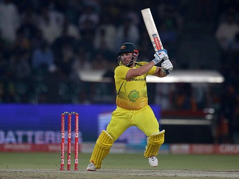 Australia’s Aaron Finch plays a backfoot cover drive during the Twenty20 international against Pakistan at Gaddafi Stadium in Lahore on Tuesday.