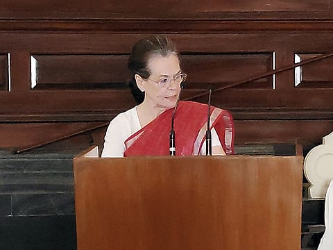 Congress Interim President Sonia Gandhi addresses the Congress Parliamentary Party (CPP) meeting, at the Parliament House, in New Delhi on Tuesday, Apr 5, 2022.