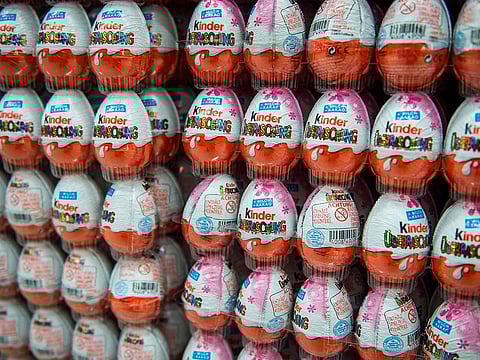 Chocolate Kinder Eggs on display at a supermarket. ADAFSA has confirmed that Abu Dhabi’s markets are completely free of Kinder products suspected of being linked to food poisoning in a number of European countries. Picture for illustrative purposes only.