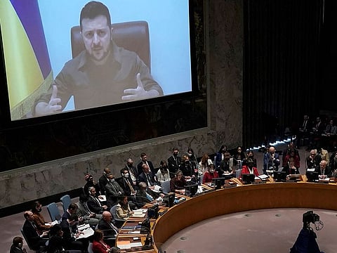 President Volodymyr Zelensky, of Ukraine, addresses a meeting of the United Nations Security Council in New York City on April 5, 2022.