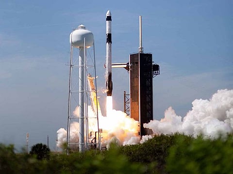 A SpaceX Falcon 9 rocket carrying the company's Crew Dragon spacecraft is launched on Axiom Mission 1 (Ax-1) to the International Space Station with Commander Michael López-Alegría of Spain, Pilot Larry Connor of the US, and Mission Specialists Eytan Stibbe of Israel, and Mark Pathy of Canada aboard, on April 8, 2022, at NASA’s Kennedy Space Center in Florida.