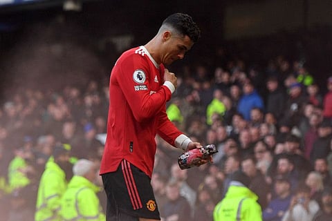 Angry... Manchester United's Portuguese striker Cristiano Ronaldo walks off after their 1-0 defeat by Everton in the English Premier League match at Goodison Park in Liverpool, north west England.