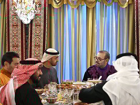 Sheikh Mohamed bin Zayed Al Nahyan and King Mohammed VI of Morocco in Rabat, along with other attendees of the banquet