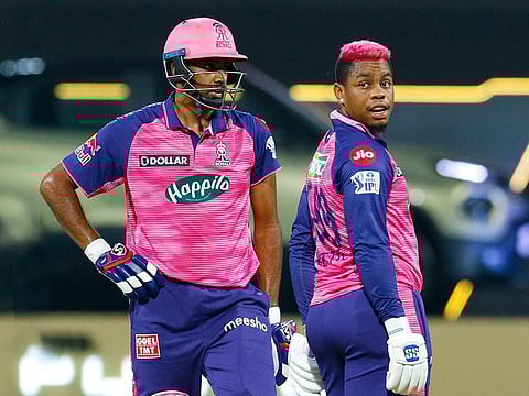 Ravi Ashwin (left) became the first batter to be tactically retired out in the IPL as Shimron Hetmyer, his non-striker for Rajasthan Royals, looks on.