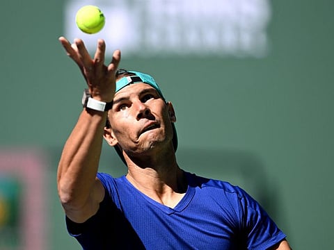 Rafael Nadal practices on stadium court at the BNP Paribas Open at Indian Wells Tennis Garden. The Spanish ace suffered a rib injury during the event.