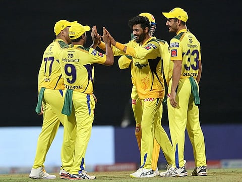 Ravindra Jadeja, captain of the Chennai Super Kings, celebrates after taking the wicket of Akash Deep of Royal Challengers Bangalore in the Tata Indian Premier League 2022 game at the DY Patil Stadium in Mumbai on April 12, 2022.