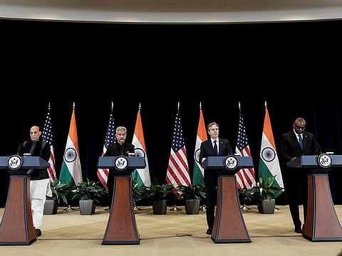 US Secretary of State Antony Blinken, Defense Secretary Lloyd Austin, India’s External Affairs Minister Subrahmanyam Jaishankar and India’s Defense Minister Rajnath Singh hold a joint news conference during the fourth US-India 2+2 Ministerial Dialogue at the State Department in Washington, on April 11, 2022.