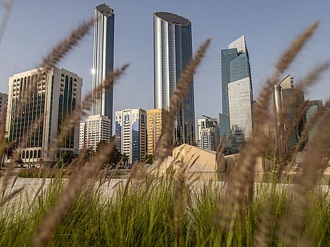 Residential and commercial skyscrapers on the skyline of Abu Dhabi.
