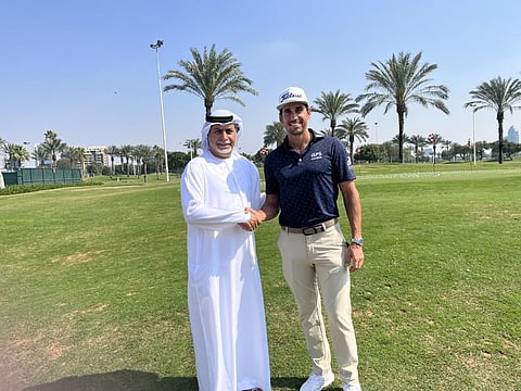 DP World Tour player and recent Dubai Golden Visa Awardee Rafa Cabrera Bello (right) with General Abdullah Alhashmi, the Vice-Chairman of the Emirates Golf Federation, during Rafa's recent visit to Dubai.