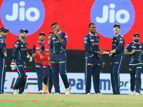 Yash Dayal (third from right) had been the surprise package in Gujarat Titans' attack this evening.