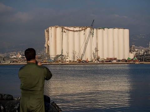 A damaged silo that stands amid rubble and debris at the site of the August 4 2020 explosion, in Beirut.