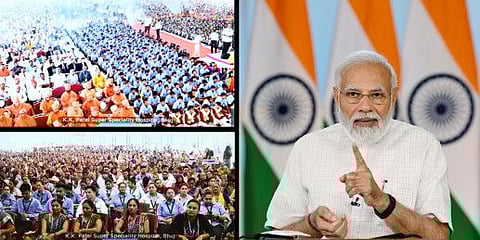 Prime Minister Narendra Modi speaks at the dedication of the K.K. Patel Super Speciality Hospital, Bhuj, Gujarat, through video conferencing, in New Delhi on Friday, April 15, 2022.
