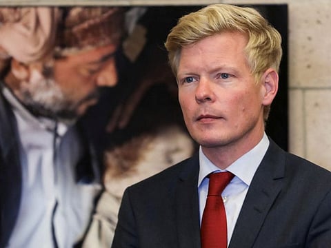 United Nations envoy for Yemen Hans Grundberg listens to a question during a news conference upon his departure at Sana'a airport in Yemen on April 13, 2022.