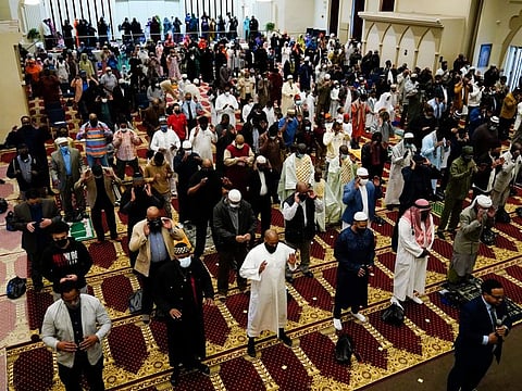 Muslims perform an Eid Al Fitr prayer at the Masjidullah Mosque in Philadelphia, Thursday, May 13, 2021.