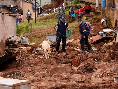 A search and rescue team use a dog to search for bodies in Dassenhoek near Durban, South Africa, April 17, 2022.
