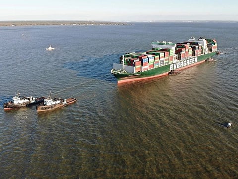 The U.S. Coast Guard, Maryland Department of the Environment and Evergreen Marine Corporation, in partnership with multiple state and local responders, refloat the Ever Forward Sunday, April 17, in the Chesapeake Bay.