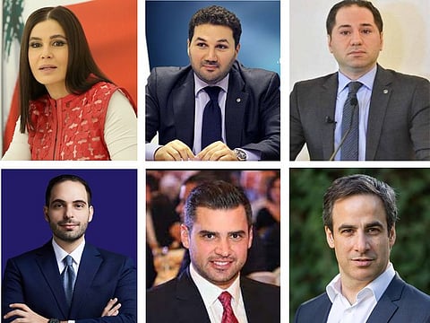 From left to right, clockwise : Strida Geagea (wife of Samir Geagea), Nadim Gemayel (son of slain president Bashir Gemayel), Sami Gemayel (son of former president Amin Gemayel), Michel Mouawwad (son of slain ex-president Rene Mouawwad), Tony Frangieh (grandson of ex-president Suleiman Frangieh), and Majd Harb (son of former presidential hopeful, Boutros Harb).