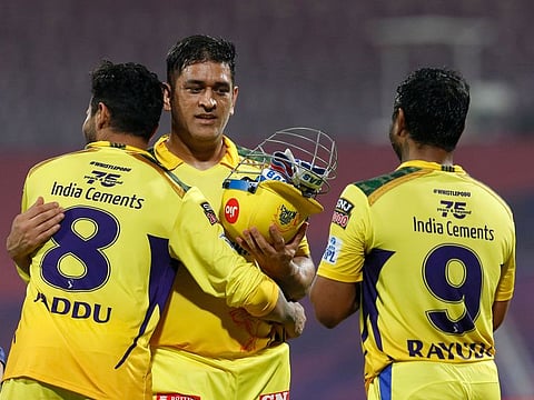 Captain Ravindra Jadeja of the Chennai Super Kings congratulates MS Dhoni after his incredible finish against the Mumbai Indians in the Tata Indian Premier League 2022 game at the DY Patil Stadium in Mumbai on April 21, 2022. Chennai have struggled to two wins in seven matches this season.