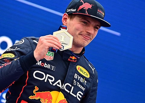 Red Bull Racing's Dutch driver Max Verstappen celebrates after winning the pole position in the sprint qualifying at the Autodromo Internazionale Enzo e Dino Ferrari race track in Imola, Italy ahead of the Formula One Emilia Romagna Grand Prix.