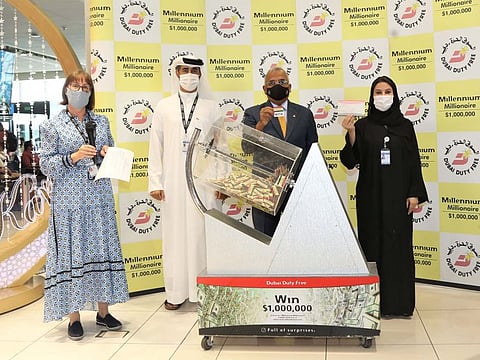 Ramesh Cidambi, the Dubai Duty Free chief operating officer; Mona Al Ali, senior vice-president, Human Resources; Sharon Beecham, senior vice-president, Purchasing; and Zayed Al Shebli, senior vice-president, Loss Prevention and Corporate Security conduct the draw for Dubai Duty Free Millennium Millionaire Series 387 on Wednesday.