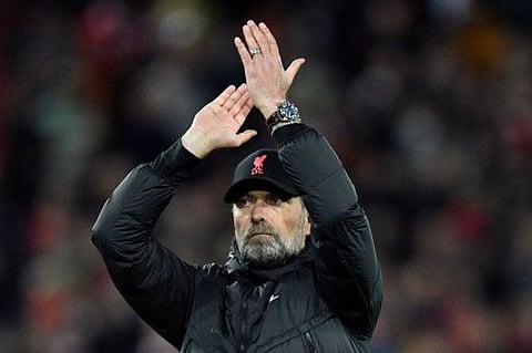 Liverpool's German manager Jurgen Klopp applauds at the end of the UEFA Champions League semi-final first leg football match between Liverpool and Villarreal, at the Anfield Stadium, in Liverpool.
