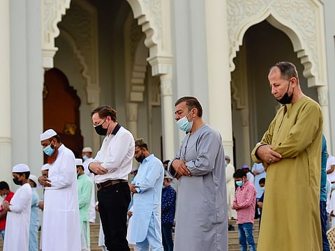 Residents offering prayer at Al Noor mosque in Sharjah as they celebrate Eid. File photo