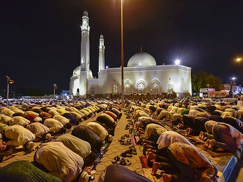 Worshippers pray at Shaikh Saud Mosque in Sharjah on the 27th night of Ramadan. Sharjah City Municipality has drawn up elaborate plans to ensure public health and safety during the Eid Al Fitr festivities.