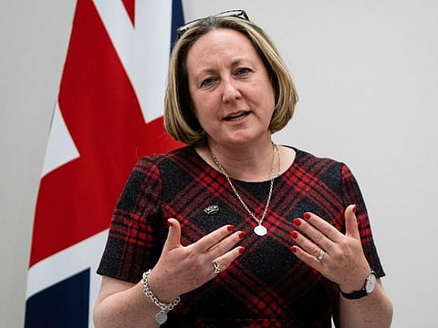 Britain's International Trade Secretary Anne-Marie Trevelyan speaks during a press conference in London, on April 26, 2022.