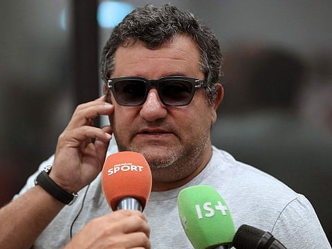 In this file photo taken on September 2, 2016 Italian-born Dutch football agent Mino Raiola speaks to journalists during the presentation of Nice's football club new signings at the Allianz Riviera stadium in Nice, southeastern France.