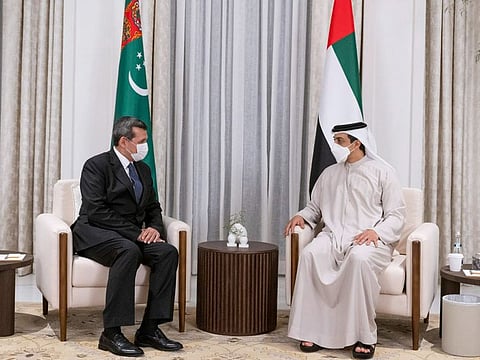 Sheikh Mansour with Turkmenistan Deputy Prime Minister and Foreign Minister, Rashid Meredov.
