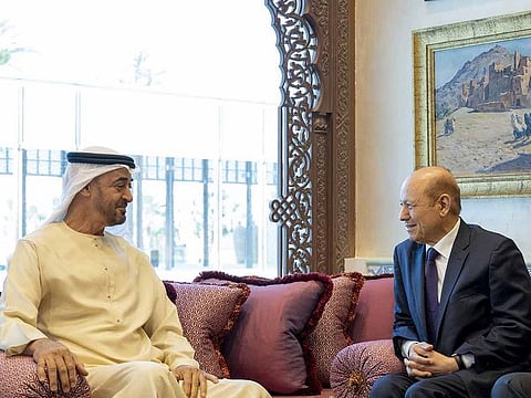 His Highness Sheikh Mohamed bin Zayed Al Nahyan, Crown Prince of Abu Dhabi and Deputy Supreme Commander of the UAE Armed Forces, meets with Dr. Rashad Al Alimi, Chairman of the Presidential Leadership Council of Yemen.